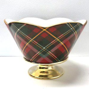 Vintage St Nicolas Tartan Teleflora Compote Plaid Christmas Pedestal Vase Bowl